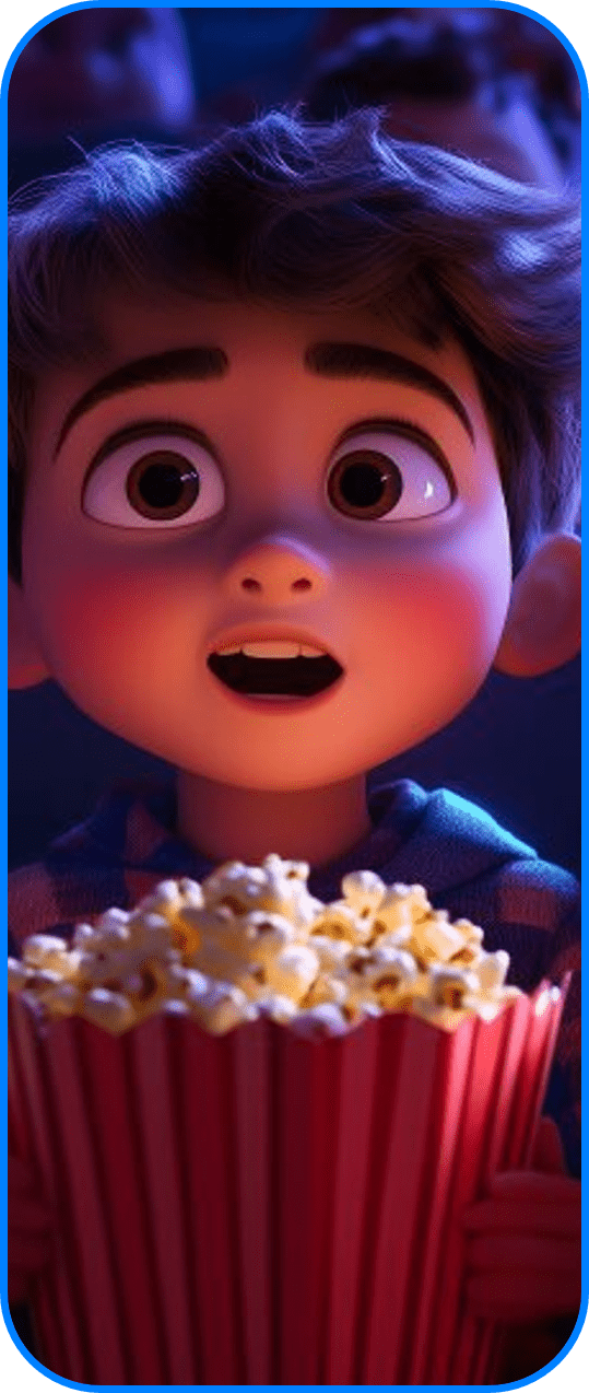 Ein illustriertes Kind sitzt mit einer riesigen Popcorn-Tüte in einem Kinosaal und schaut gebannt nach vorne