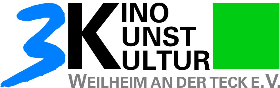 Logo Verein Kino Kunst Kultur: Vorne steht eine blaue, geschwungene 3. daneben in selber Größe ein schwarzes K. Am K schließen die Buchstaben "ino" für Kino, "unst" für Kunst, "ultur" für Kultur an. Rechts daneben ist ein grünes Viereck. Unter dem Schriftzug steht Weilheim an der Teck e. V.