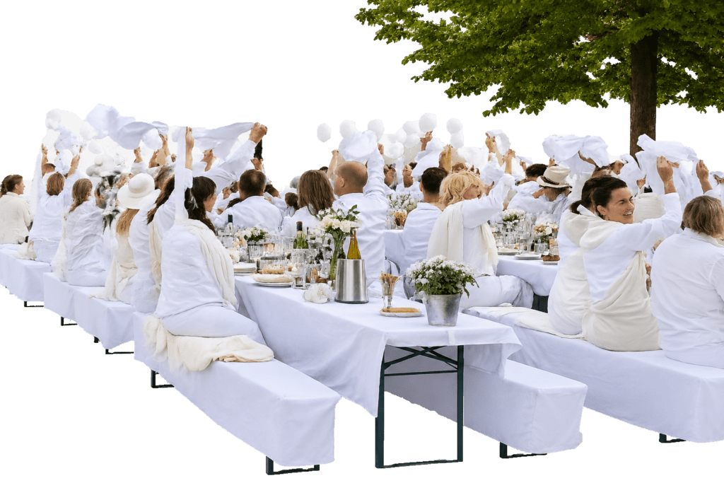 KI-Generiertes Bild vom Diner en Blanc, alle sitzen an weißgedeckten Biergarnituren in Weilheim auf dem Marktplatz und sind weiß angezogen, winken mit weißen Servietten
